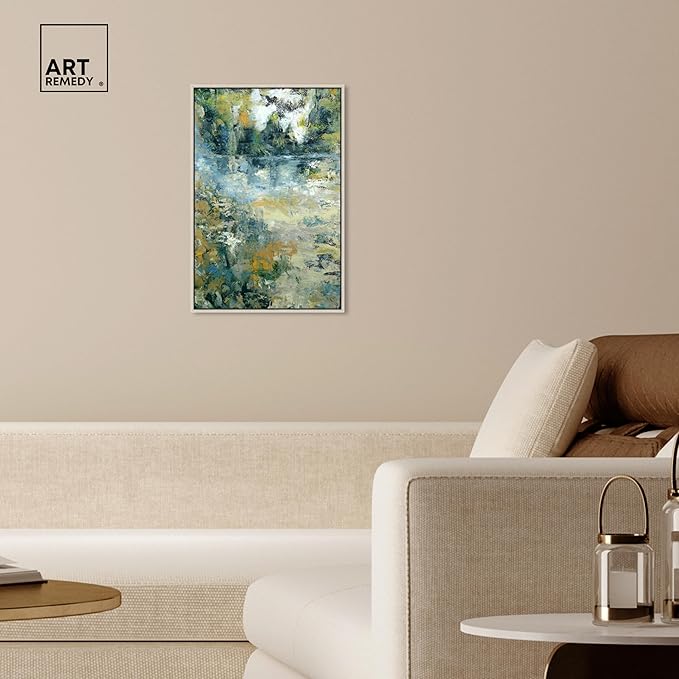 Art Remedy Green Moss Monet Garden Green Abstract Canvas Wall Art, Silver Floater Frame, 16"x24"