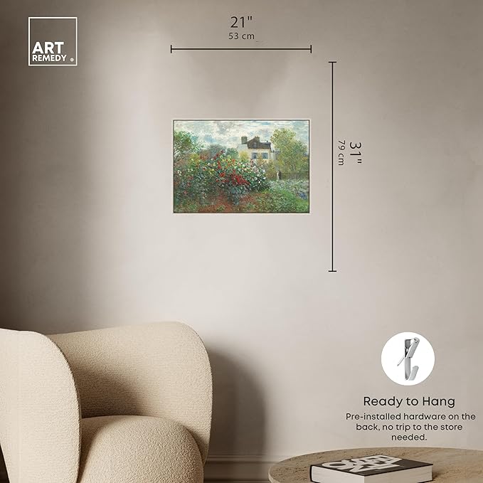 Art Remedy Monet-Garden With Dahlias Impressionism Classic Landscape Paintings Canvas Wall Art, Silver Floater Frame, 20"x30"