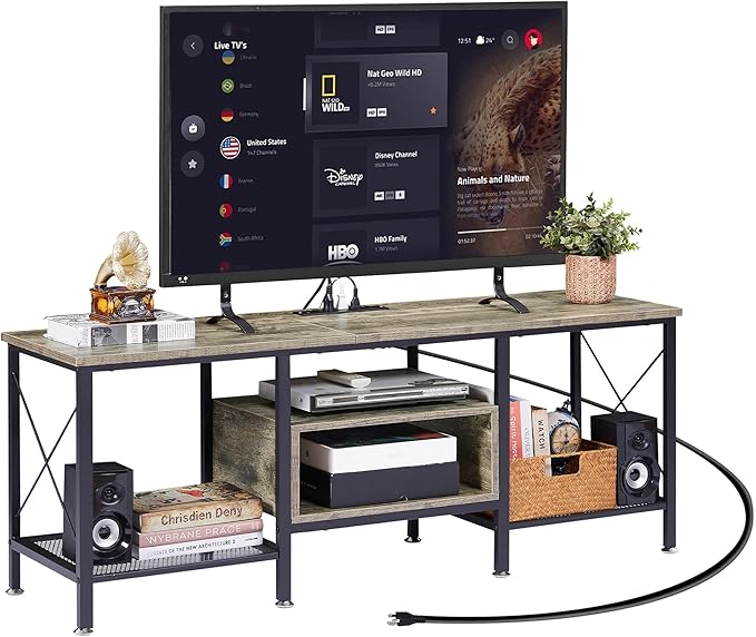 VECELO TV Stand with Power Outlets for 65 Inch Industria Media Entertainment Center with Charging Station, 3-Tier Open Shelves & Metal Frame for Living Room, Bedroom, 55 Inch, Grey