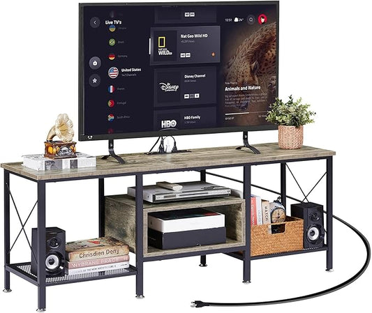 VECELO TV Stand with Power Outlets for 65 Inch Industria Media Entertainment Center with Charging Station, 3-Tier Open Shelves & Metal Frame for Living Room, Bedroom, 55 Inch, Grey