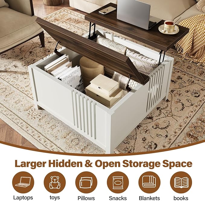 Farmhouse Lift Top Coffee Table with Storage, 35" Square Large Coffee Table with Hidden Compartment, Rustic Wood Center Table for Living Room, White