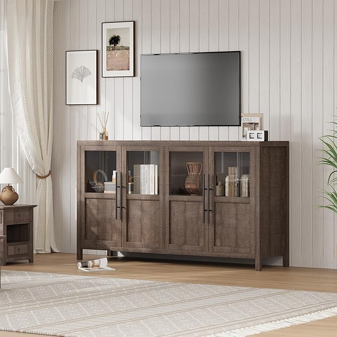 GarveeHome Sideboard Buffet Cabinet with 4 Glass Doors, 55 in Buffet Table Coffee Bar Wine Bar Display Cabinet for Kitchen Dining Room, Living Room (Glass with 4 Doors, Brown)