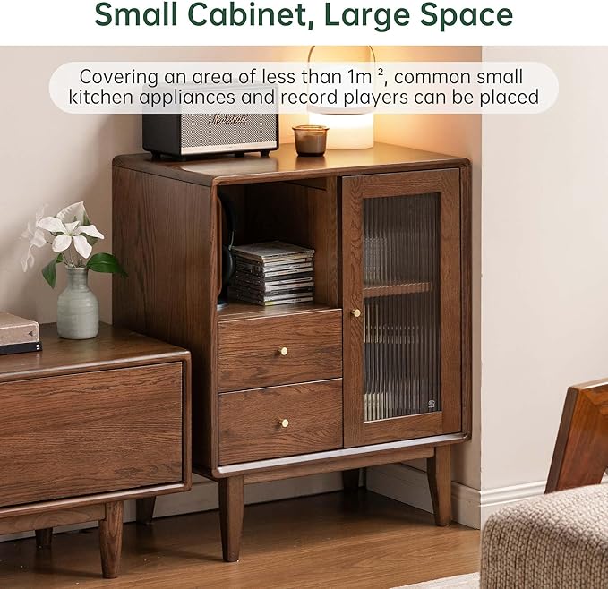 100% Solid Wood Storage Cabinet with Glass Doors and Drawers, Buffet Cabinet with Drawers, for Living Room, Reading Room, Kitchen (15.74" D x 31.49" W x 31.49" H, Walnut)