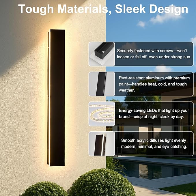 Modern Outdoor Wall Lights - 2pack 59inch Dimmable Black Exterior Light Fixtures Wall, Porch Lights Outdoor Wall Sconce, Patio Long Strip Wall Light Fixtur Outside for Garage, House(4.72 Inch Wide)