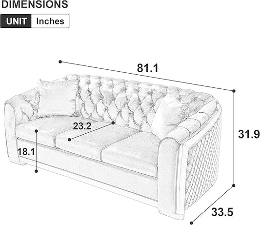 KEIKI 81" Luxury Oversized Velvet Chesterfield Sofa with Gold Stainless Decoration, Mid-Century Style 3-Seater Couch with Tufted Back and Rolled Arms, Easy Assembly, for Apartment, Living Room, Beige