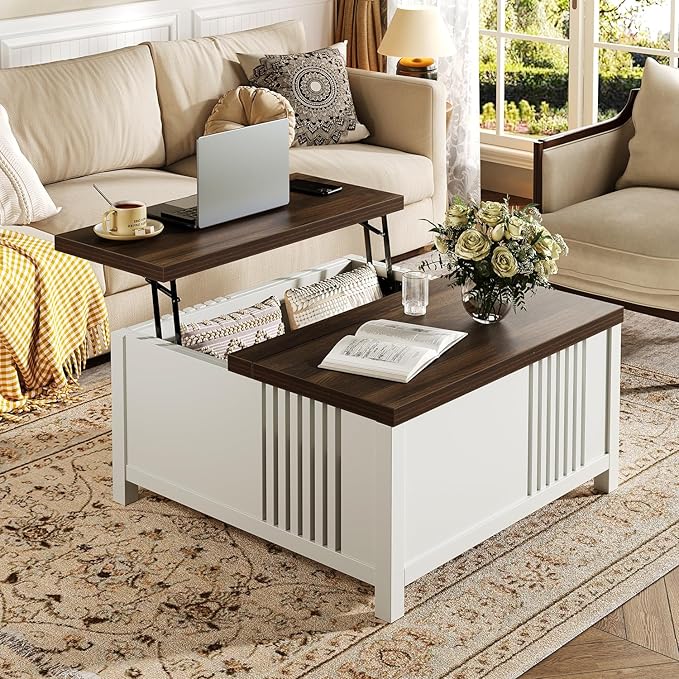 Farmhouse Lift Top Coffee Table with Storage, 35" Square Large Coffee Table with Hidden Compartment, Rustic Wood Center Table for Living Room, White
