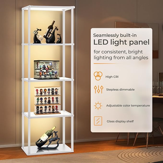Tall Display Shelf Floor Lamp, Dimmable LED lamp with 3 Color Temperatures, Sturdy Glass Curio Cabinet Bookcase with Remote Control, Floor Lamp with Shelves for Living Room Decor, Collectibles (White)
