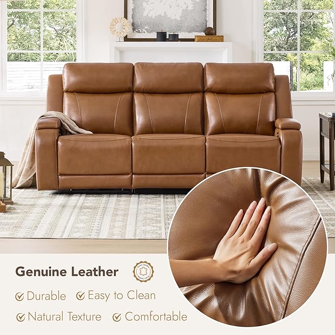 Watson & Whitely Genuine Leather Power Recliner Sofa, 3 Seater Zero Gravity Reclining Couch with Power Headrest & Flip Middle Backrest Table, Hidden Storage, Cup Holders for Living Room, Saddle Brown