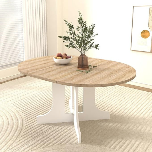 Ball & Cast Extendable Round Dining Table for 4-6,43.3-59" Transformer Kitchen Table W/Removable Leaf Trestle & X-Shaped Base,Farmhouse Oval Extendable Dining Room Table for Small Space,White Oak