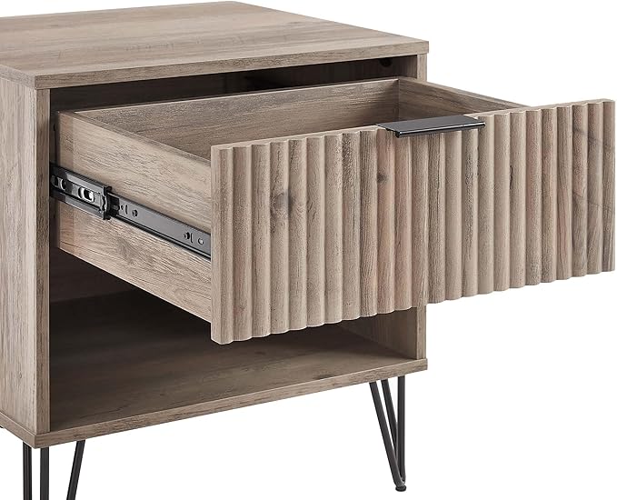 Manhattan Comfort Dumbo Modern Nightstand 1.0 with 1 Drawer and Metal Feet | Splayed Black Legs | Vertical Ribbed Design | No Tool Assembly Storage for Bedroom & Living Room, Set of 2, Rustic Grey