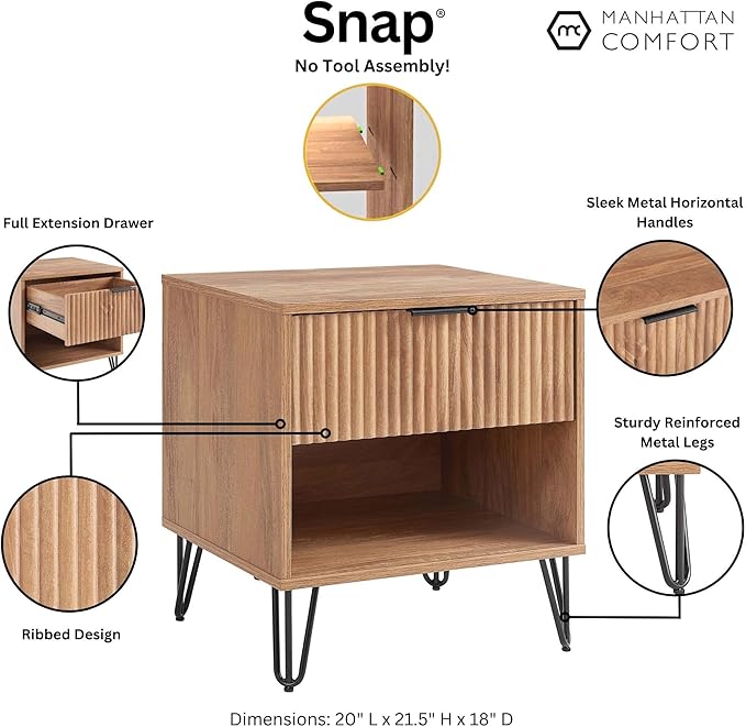 Manhattan Comfort Dumbo Modern Nightstand 1.0 with 1 Drawer and Metal Feet | Splayed Gold Legs | Vertical Ribbed Design | No Tool Assembly Storage for Bedroom & Living Room, Set of 2, Golden Brown