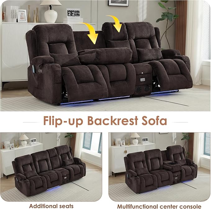 TUNYI Wall Hugger Loveseat Recliner Sofa with Console, Power Reclining Loveseat RV Couch with Massage & Heat/USB/Outlet/Storage/LED Light/Speaker (Brown, 4 Seat)