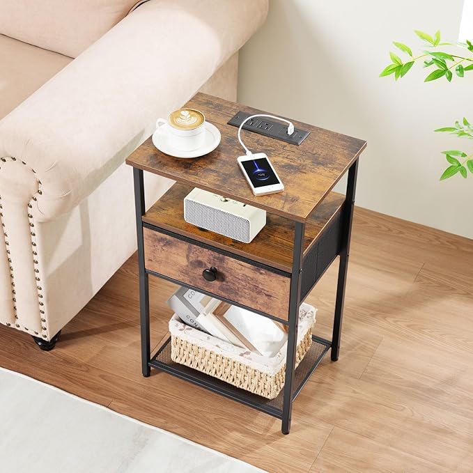 Night Stand Set 2, Nightstand with Charging Station, End Tables Living Room with Fabric Drawer for Small Spaces, Bed Side Tables with Storage Shelf for Bedroom, Rustic Brown HETS010PBR