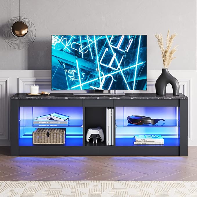 Bestier LED Gaming TV Stand for 55 Inch TV, Entertainment Center with Adjustable Glass Shelves, Modern TV Console for Living Room & Bedroom, Black Marble