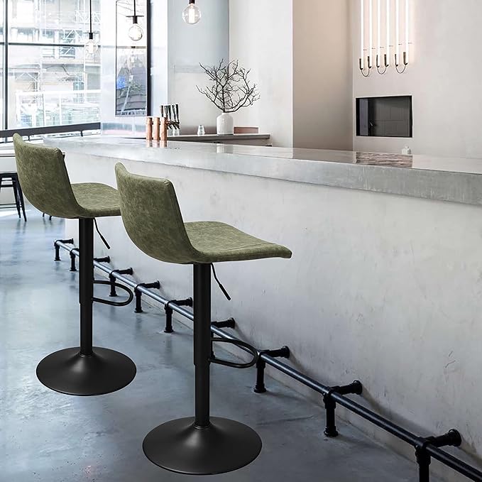 Finnhomy Bar Stools Set of 2 Counter Height, Swivel Barstools with Footrest and L Shape Back, Height Adjustable Modern Bar stools for Kitchen, Vintage Leather, Retro Green