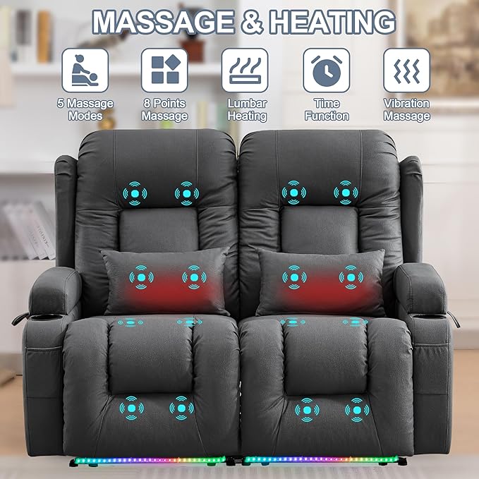 TUNYI Wall Hugger Loveseat Recliner Sofa with Massage & Heat, Power Reclining Loveseat RV Couch with USB/Outlet/Storage/LED Light/Speaker (Grey)