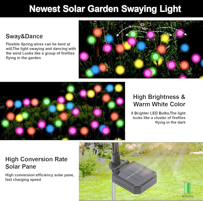 Swaying Solar Firefly Lights Outdoor, 8 Modes RGB Color Changing Firefly Swaying Solar Garden Lights for Outside Christmas Yard Patio Pathway Plant Landscape Garden Decor Multicolor(4 Pack)