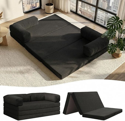 JUIKURY Folding Sofa Bed, Convertible Sleeper Chair with Pilow Foldable Matress, 2 in 1 Pull Out Loveseat Sofa Portable Fold Out Chair Bed Floor Couch Lounge for Living Room (Black, King-82 Lx76 W)