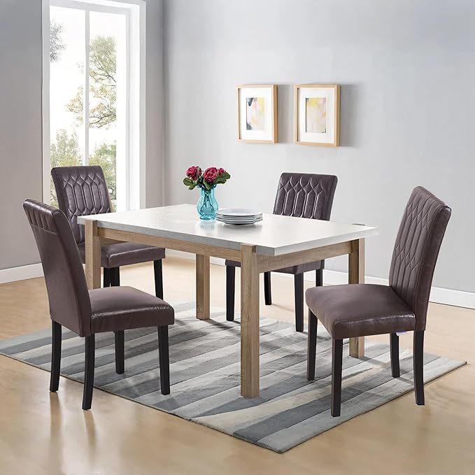 VECELO Upholstered Dining Chairs Set of 4, Modern PU Leather Accent Parsons, Solid Wood Legs w/Rubber Footpads, for Living Room Kitchen, Coffee