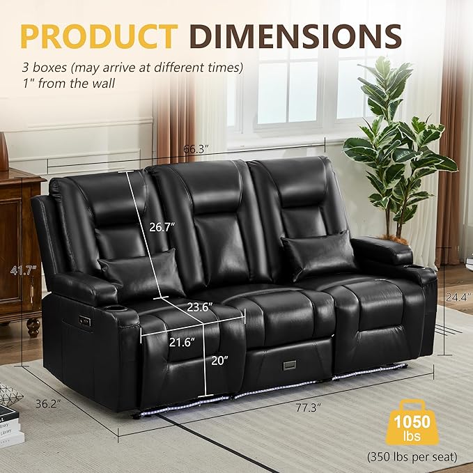 URRED Power Loveseat Recliner Sofa with Console, Wall Hugger Reclining Loveseat RV Couch with LED Light, 150° Zero Gravity Recliners Modular Couches for Living Room (Glossy Black, 77.3'' - 3 Seats)