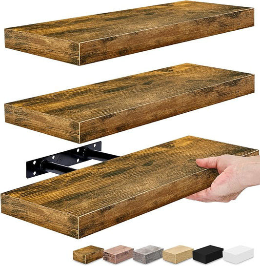 Sorbus Floating Shelves for Wall – 16 Inch Floating Shelf for Kitchen, Bedroom, Living Room, Bathroom, Home & Wall Decor - Mounted Bathroom Shelves with Invisible Brackets (Rustic Brown, 3 Pack)