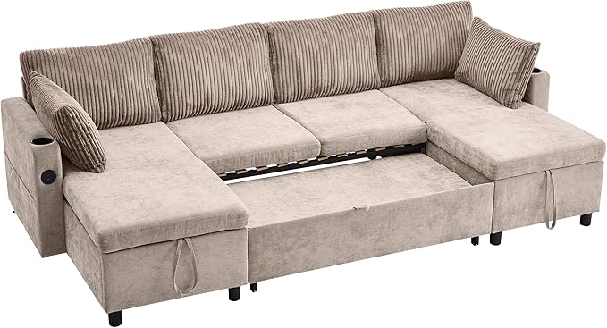 ERYE 113-Inch U-Shaped Pull Out Sleeper Couch Bed, Modern U Shaped Symmetrical Sleeper Sectional Sofa Convertible Sofa Bed with Storage Chaises & USB-C Ports for Living Room