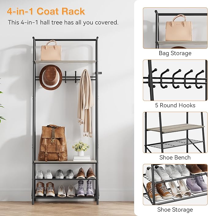 IDEALHOUSE Coat Rack Shoe Bench with 5 Hooks, Hall Trees Entryway Bench with Storage, Wood Look Accent Furniture with Metal Frame for Entryway, Living Room, Bedroom