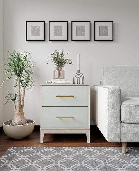 SANGO Shagreen 2-Drawer Nightstand, Modern Natural Wood Bedside Table with Gray Faux Shagreen Drawer Fronts, Brass Handles, Sturdy Legs, Elegant Storage for Contemporary & Luxury Homes