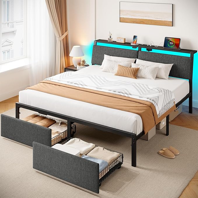 Rolanstar Full Size Bed Frame with Ergonomic Headboard Storage & Charging Station, Upholstered Platform Bed with LED Light & Drawer, Heavy Duty Metal Slats, Noise Free, No Box Spring Needed, Grey