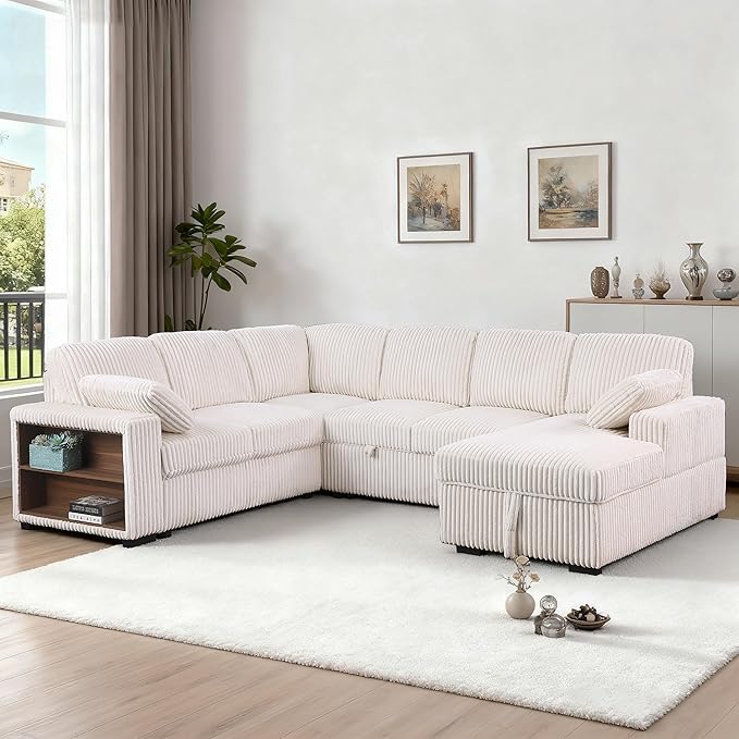 ERYE 117-Inch Oversized U-Shaped Pull Out Sleeper Couch Bed, Modern U Shaped Sleeper Sectional Sofa Corner Convertible Sofa Bed with Storage Chaise and Cabinet for Living Room