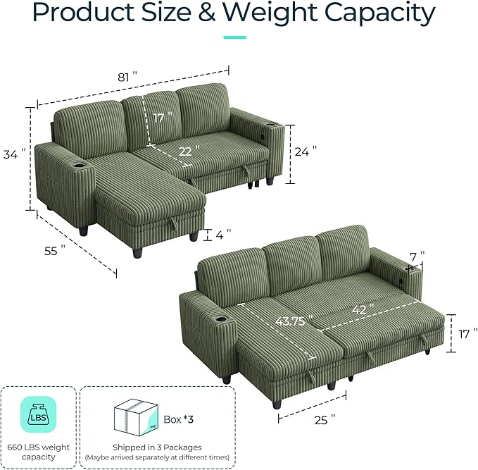LINSY HOME Sectional Sleeper Sofa Pull Out Couches for Living Room (Green, Sleeper Sofa 1) | Pull Out Sofa Bed, Storage, USB Charging, Cup Holders, Plush Corduroy | Pull Out Sofa Bed, Storage, USB Charging, Cup Holders, Plush Corduroy, Convertible Sofa...