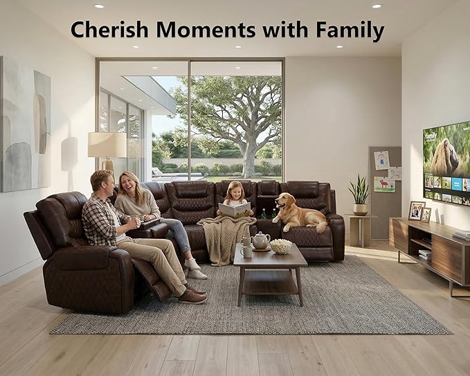 Power Recliner Sectional Sofa with LED, Breathing Leather Reclining Sectional Couch, L Shaped Couch with Dual Recliners, USB Port, Cup Holder&Storage for Living Room (Dark Red)