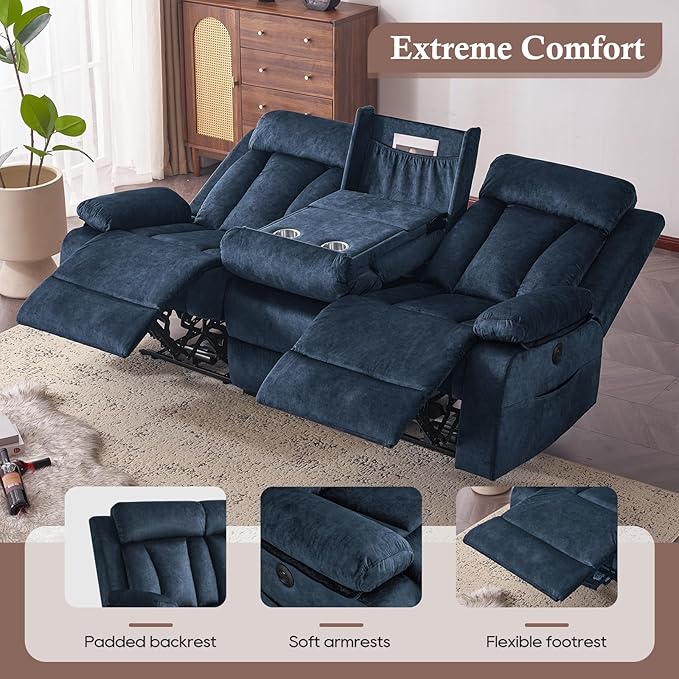 Power Recliner Sofa with Heat&Massage, Electric Reclining Couch with Multi-Function Console/USB Ports/Type C, Wall Hugger 3 Seater-Sofa Recliner, Reclining Sofa Couch for Living Room
