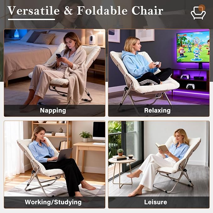 Saucer Chair, Comfy Bedroom Chairs, Oversized Folding Faux Fur Chair, Foldable Metal Frame Chair for Living Room, Balcony, Patio, Study, Playroom (Beige)