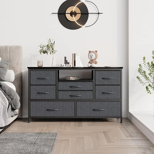 Jojoka 8-Drawer LED Dresser TV Stand with Power Outlet for 55'' TV - Wide Storage Chest for Bedroom, Living Room & Entryway, Wood Top Console Table with 22 Light Modes
