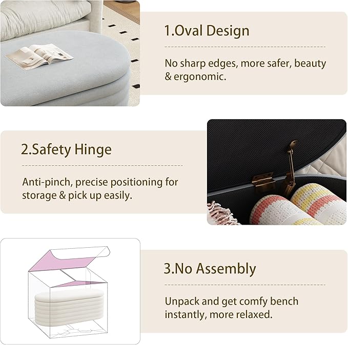 Ball & Cast Storage Ottoman Bench, 40" Chenille Upholstered Storage Bench for Bedroom End of Bed,Oval Ottoman with Storage,Entryway Bench with Safty Hinges for Living Room,Light Grey