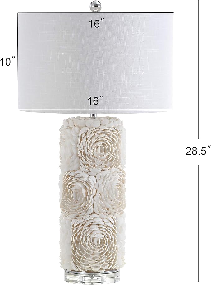 JONATHAN Y 28.5" Cream Seashell Resin and Crystal LED Table Lamp, Coastal Floral Mosaic Column Lamp with White Linen Drum Shade for Living Room, LED Bulb Included JYL1006A