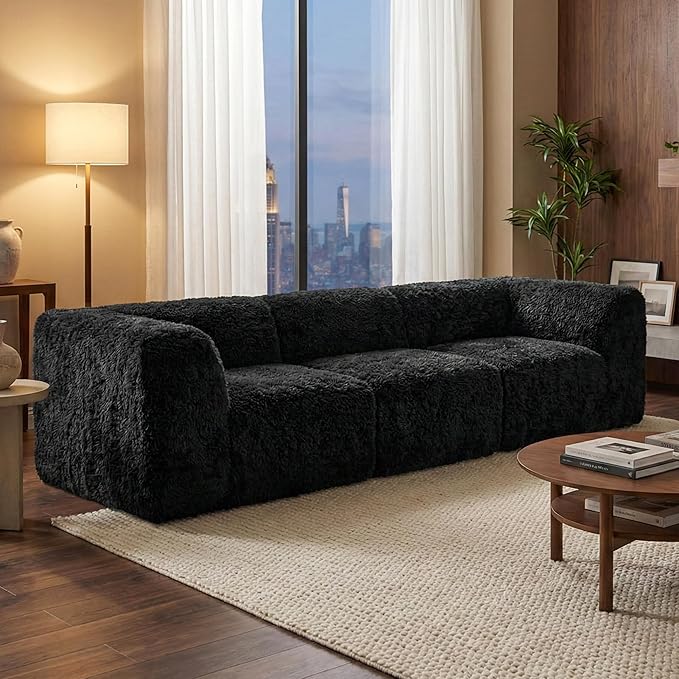 Furniture of America Havyn Modern Faux Fur 3-Seater Modular Foam Sofa with Curved Arms & Deep Seat, Compressed Couch in a Box, No Assembly Required, for Living Room and Office, Black