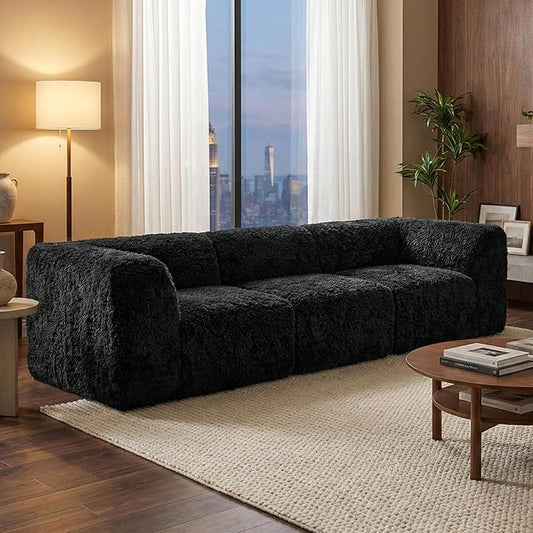 Furniture of America Havyn Modern Faux Fur 3-Seater Modular Foam Sofa with Curved Arms & Deep Seat, Compressed Couch in a Box, No Assembly Required, for Living Room and Office, Black