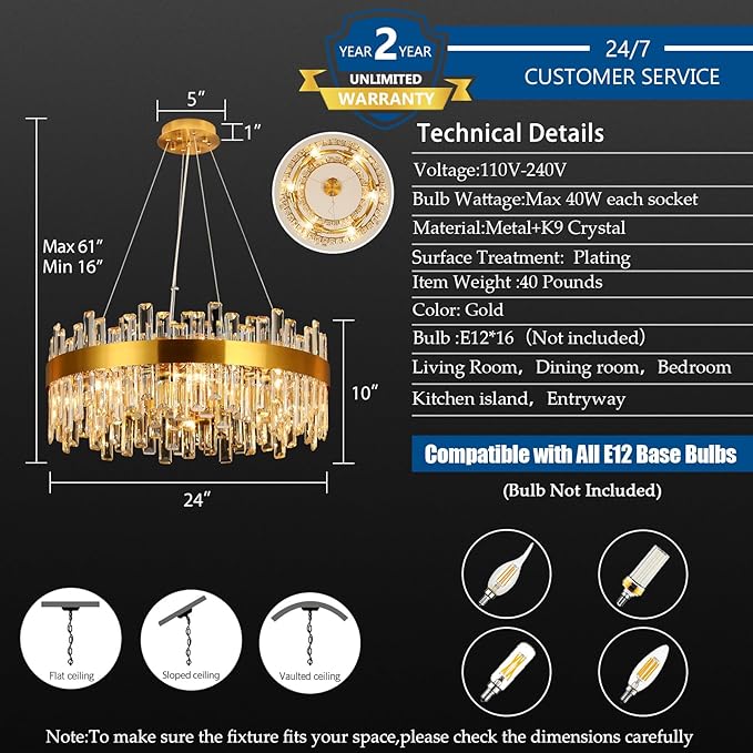 16 Light Gold Crystal Chandelier | Dia 24" Modern Round Crystal Chandeliers for Dining Room | Luxury Ceiling Light Fixture for Living Room | Bedroom | Entryway | Kitchen Island | Foyer