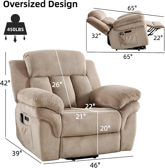 CANMOV 46" Wide Oversized Power Lift Recliner Chair for Elderly, Extra Large Electric Lift Recliners for Big and Tall, Power Recliner Chair with Massage&Heating, USB and Type-C Ports, Light Brown