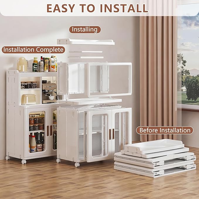 VECELO Foldable Plastic Sideboard Cabinet with Adjustable Shelves, Waterproof Buffet Cabinet with Doors for Kitchen, Dining Room & Small Spaces, White