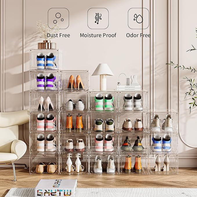 Large Shoe Boxes Clear Plastic Stackable 9 Pack Shoe Storage Organizer for Closet/Entryway, Drop front Shoe Box with Magnetic Door, Shoe Display Case, Fit up to US size 14