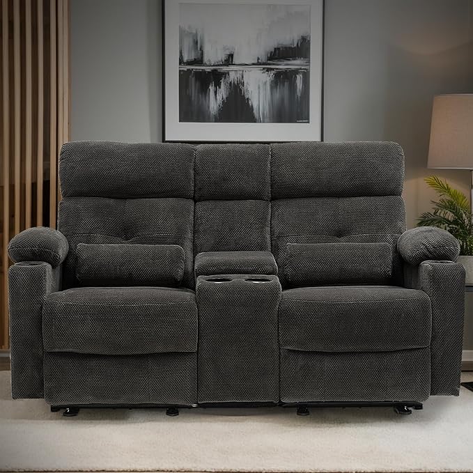 GUEAPY 68" Power Reclining Loveseat with Heat & Massage, Wall Hugger Double Reclining Sofa with Console, Cup Holders & Storage, Power Recliner Couch for Camper, Trailer, RV, Home Theater Living Room