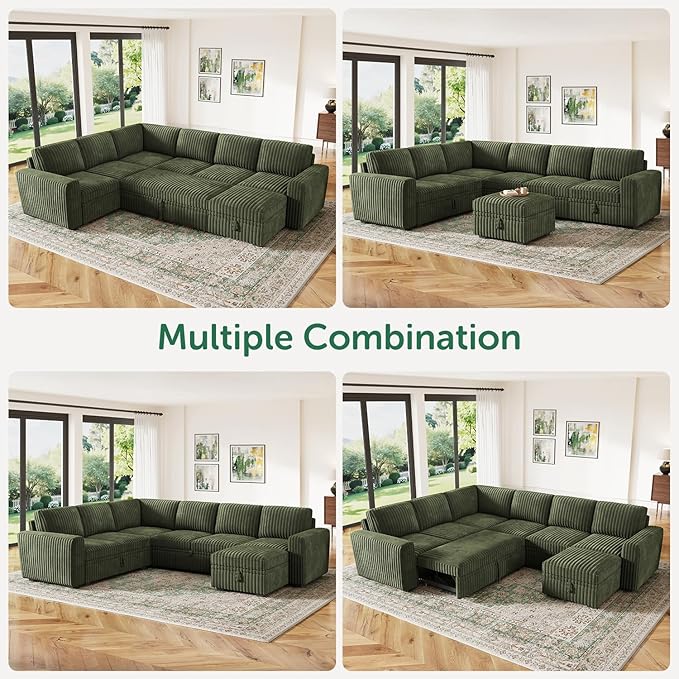 HONBAY Modular Sectional Sleeper Sofa with Pull Out Bed,Corduroy U Shaped Couch with Storage, Sectional Couches for Living Room,Green