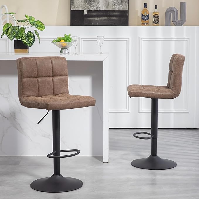 Finnhomy Bar Stools Set of 2 Counter Height, Swivel Barstools with Footrest and L Shape Thicken Cushion Back, Height Adjustable Modern Bar Chairs, Vintage Leather, Retro Brown