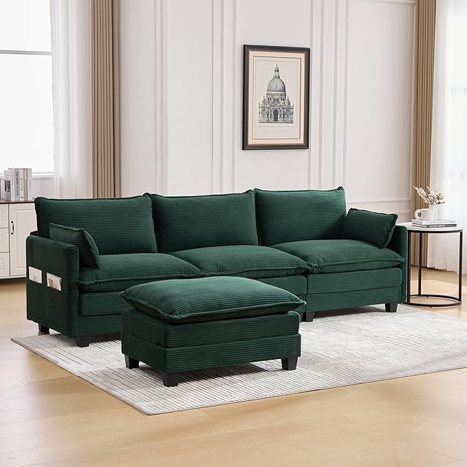 103" Oversized Modular Sectional Sofa Couch with Reversible Ottoman, Free Combination Convertible Corner Couch,Corduroy Upholstered Cloud Sectional Couch with Side Pockets | Multiple Cushions, DIY Combination, Removable Cover