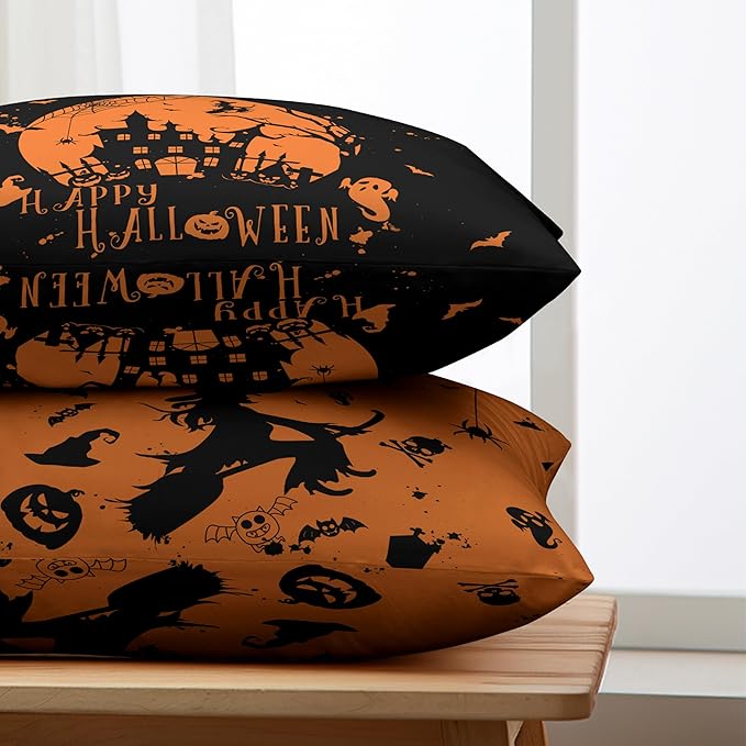 Halloween Lumbar Pillow Covers 12X20 Witch Castle Spider Web Rectangle Pillowcase Set of 2 for Living Room Couch Orange and Black Waist Pillow Covers Halloween Decoration
