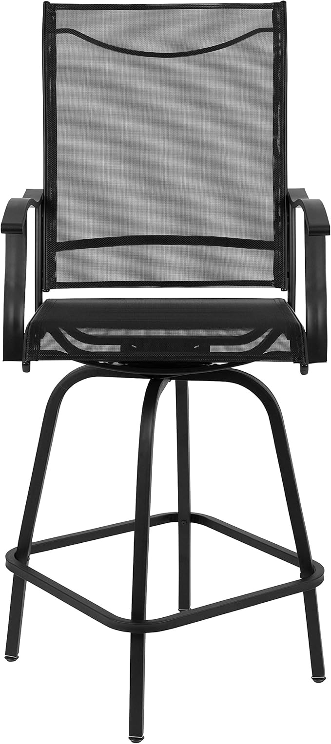 Flash Furniture Valerie All-Weather Swivel Patio Barstools with Footrest and Armrests, Modern Sling Outdoor Bar Height Stools, Set of 2, Black