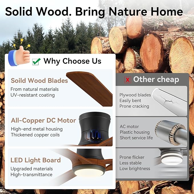52in Smart Ceiling Fans with Lights,Low Profile Modern Wood Ceiling Fans,Remote/APP/Alexa Control,Outdoor Indoor Flush Mount Ceiling fan,for Patio Bedroom Farmhouse,3 Walnut Blade,Reversible,Quiet
